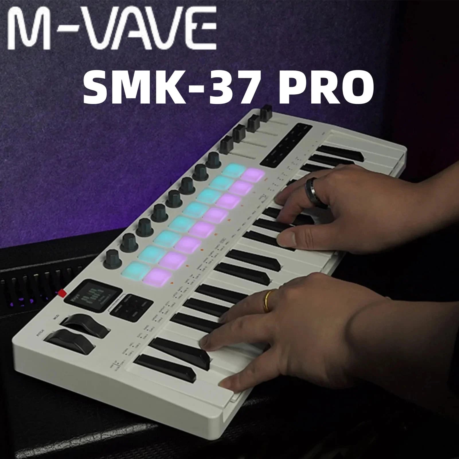 Controller MIDI tastiera M-VAVE SMK-37 Pro con sintetizzatore integrato | 16 pastiglie per batteria retroilluminate RGB, 8 manopole, 4 cursori/produzione musicale