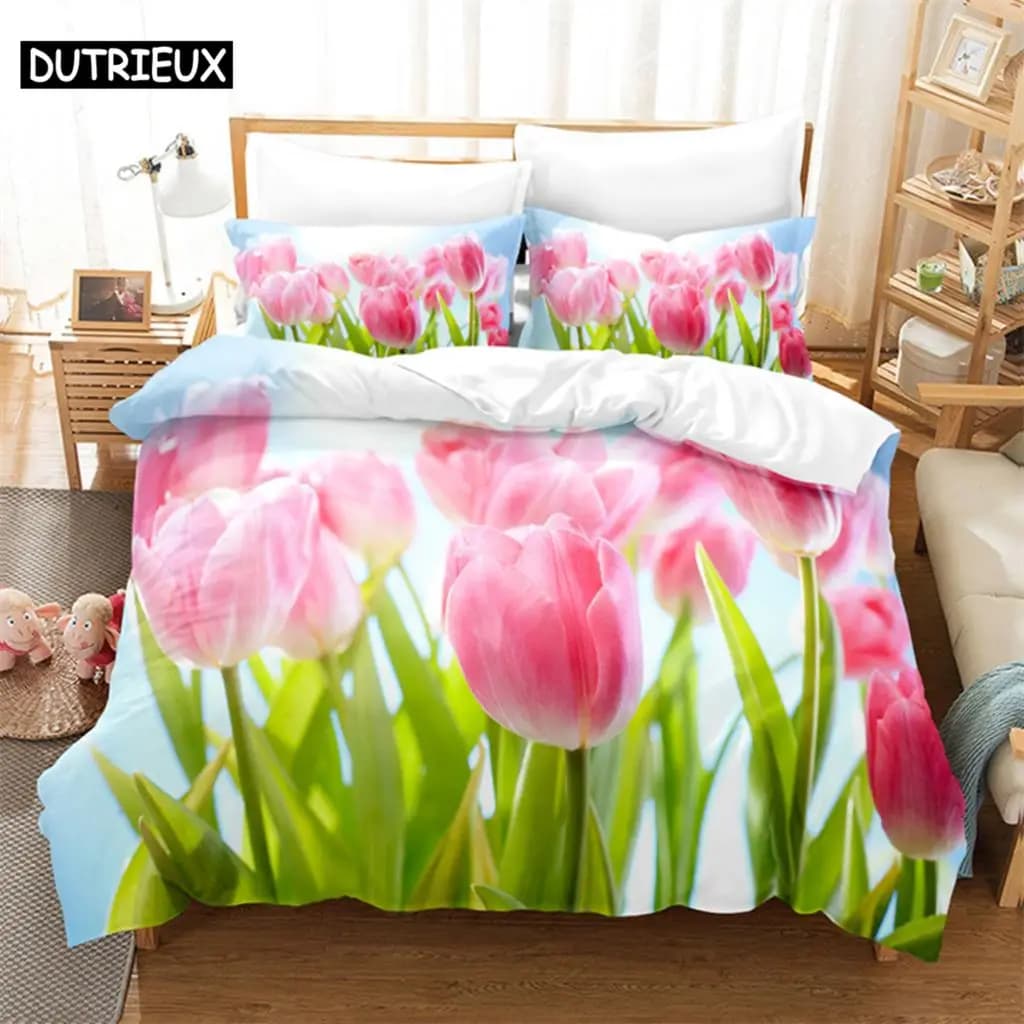 Set biancheria da letto Queen tulipano rosa Copripiumino Set letto camera da letto per bambini Set copripiumino Set copripiumino king size Set biancheria da letto
