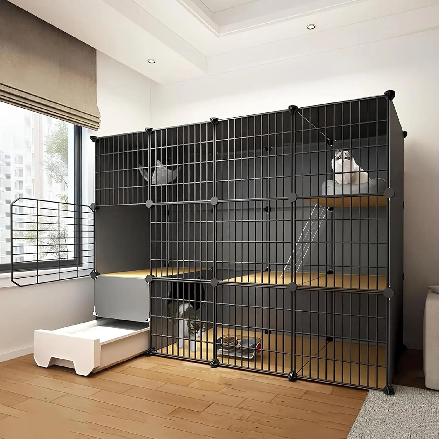 Gabbia per Gatti, Recinto per Gatti da Interno con Lettiera, Box per Gatti Fai-da-Te, Recinto Portatile Smontabile in Metallo, Personalizzabile