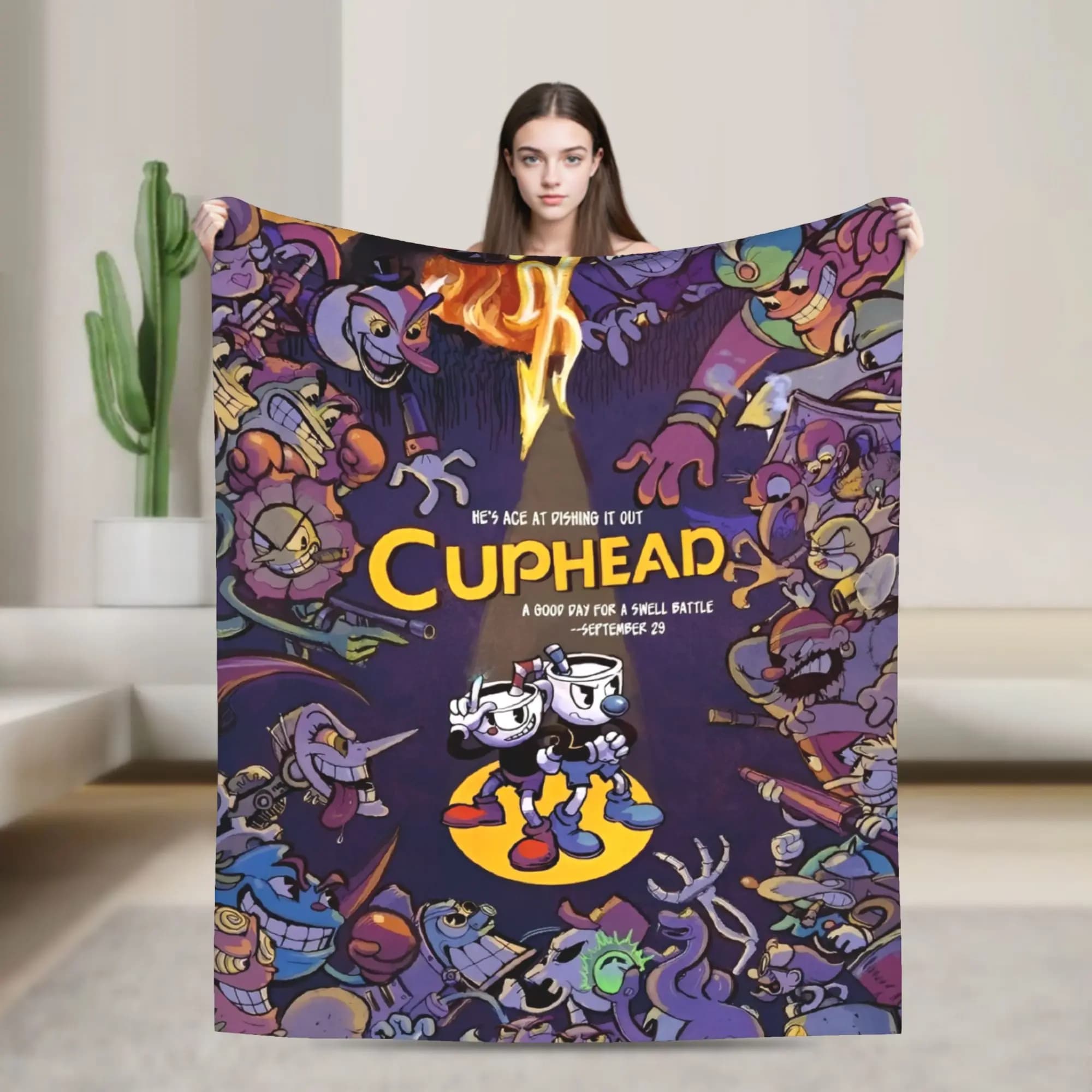 Cuphead cartoon Flannel Blankets Super Warm Throw Blanket for Couch Chair Camping Fashion Bedspread Sofa Bed Cover