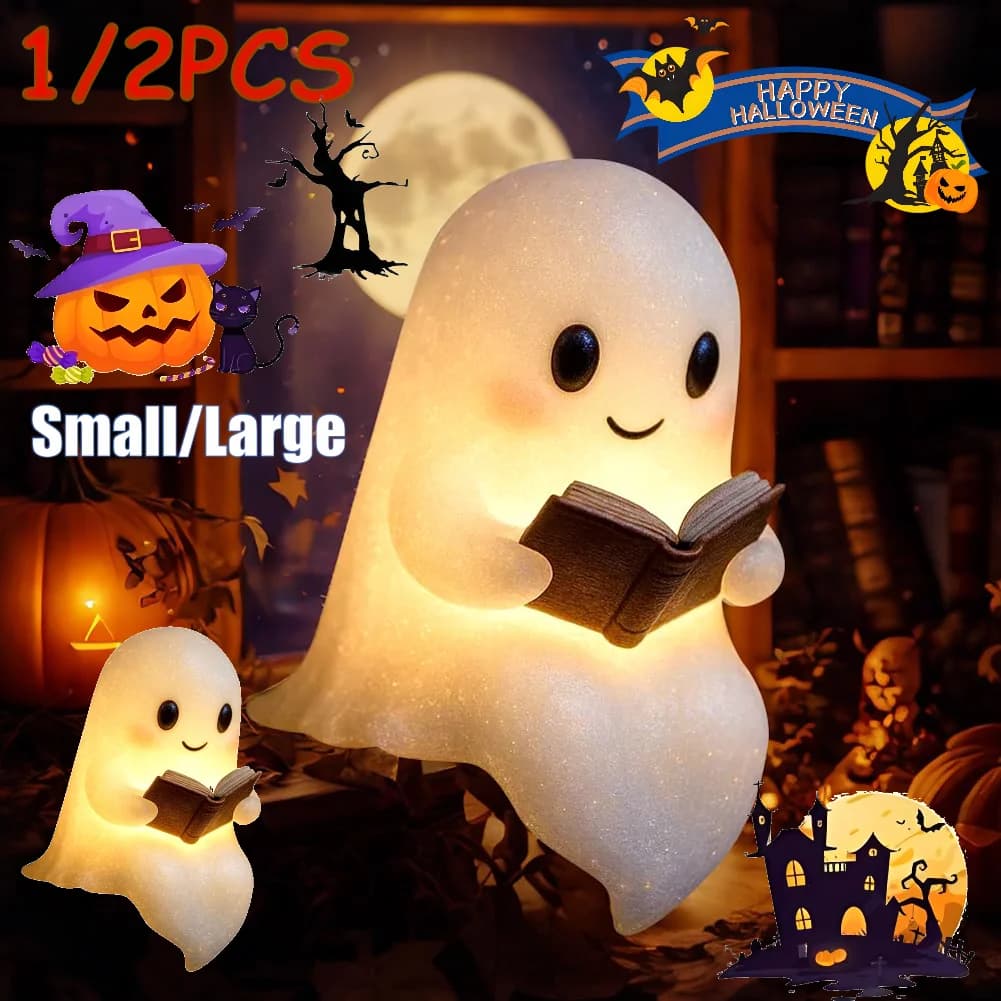 Cute ghost reading book lamp incandescent finger medium ghost statue night light LED ornaments resin table decoration for Halloween house