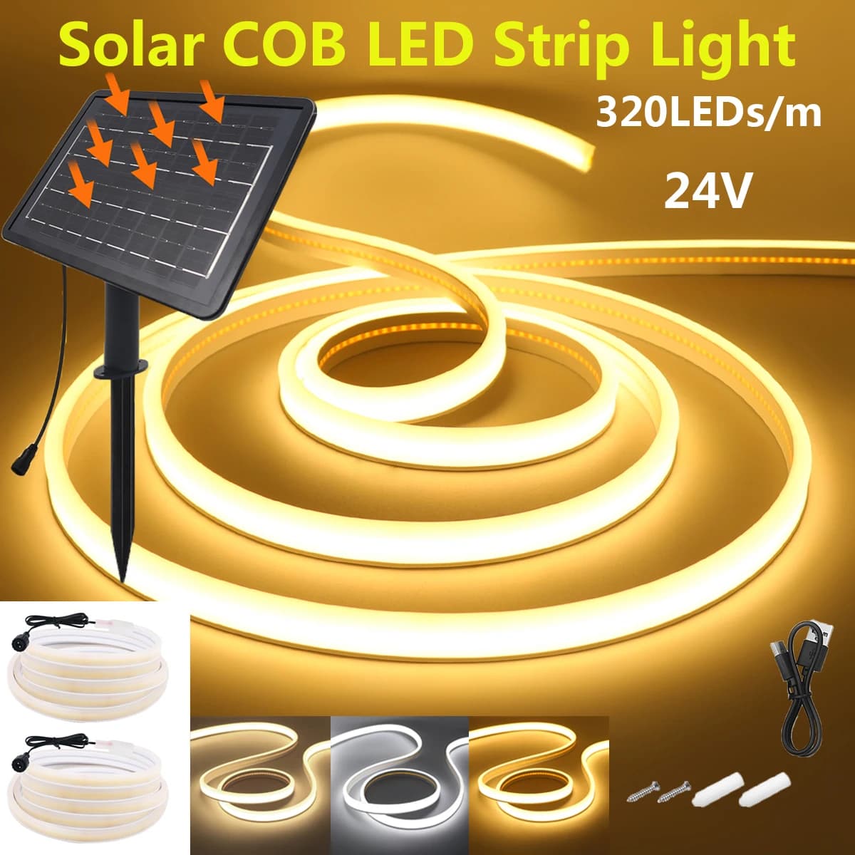 Solar COB Double Side Glow Neon Strip Light 24V Waterproof Warm Natural White 320 LEDs/m Flexible Bright Outdoor Linear Lighting