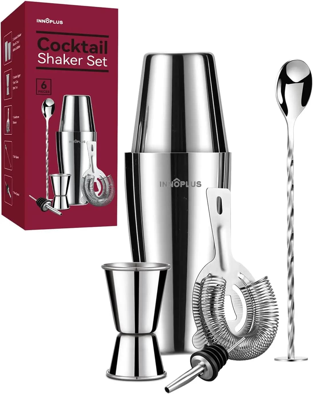 Set Shaker per Cocktail in Acciaio Inox da 27OZ con Colino, Jigger, Cucchiaio - 6 Pezzi di Utensili da Bar per Bartending Domestico