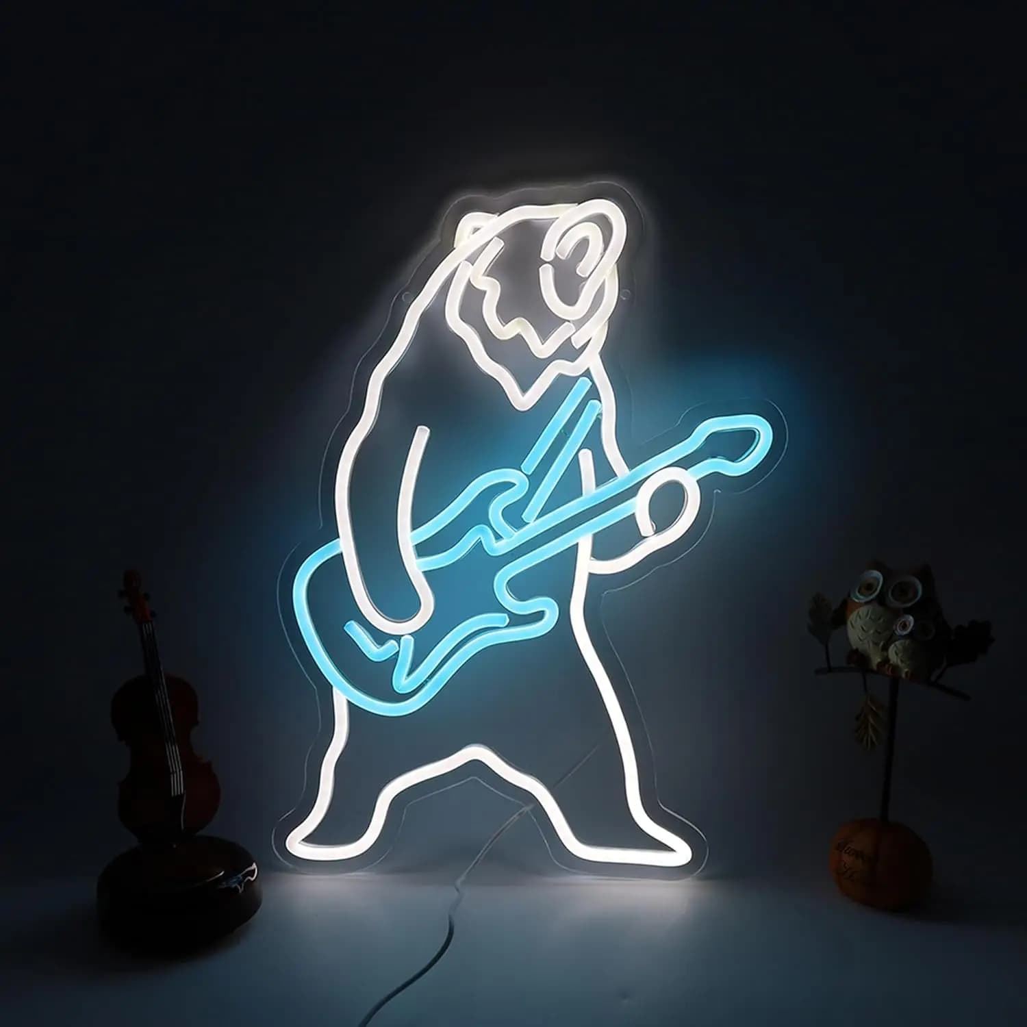 Insegna Luminosa a LED a Forma di Orso con Chitarra, Decorazione Industriale per Loft, Bar e Casa