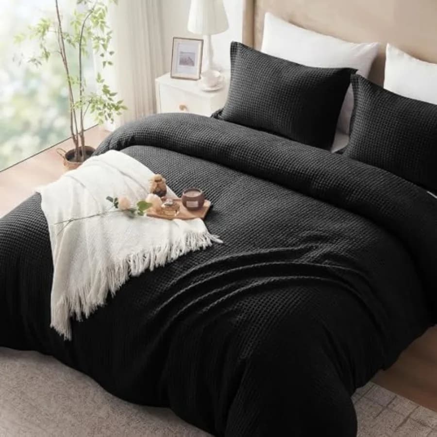 Waffle Weave 100% Cotton Duvet Cover King Size, Black 100% Cotton, 3 Pcs with 2 Pillow Shams, Soft Breathable, Zipper and 4 Cor