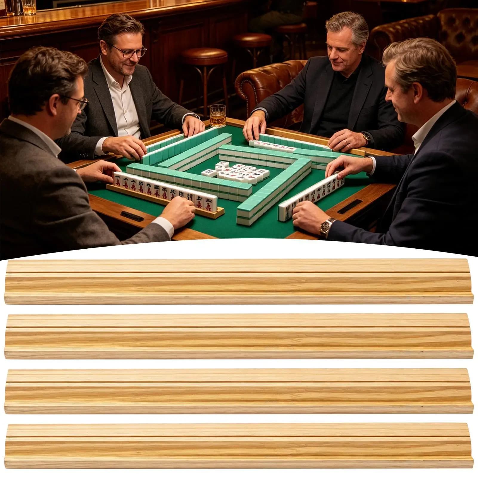 4 Pcs Non-Slip Wooden Mahjong Racks With Pushers, 45CM Durable Tile Holders & Push Tools For Family, Travel & Outdoor Game Fun