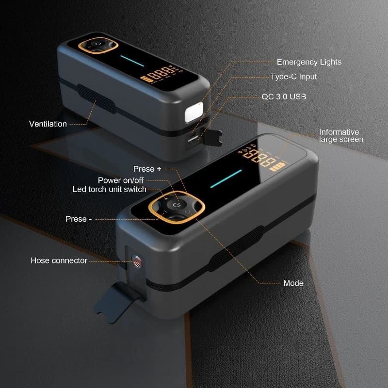 Gonfiatore per pneumatici portatile con display digitale, pompa ad aria elettrica universale per biciclette e veicoli elettrici