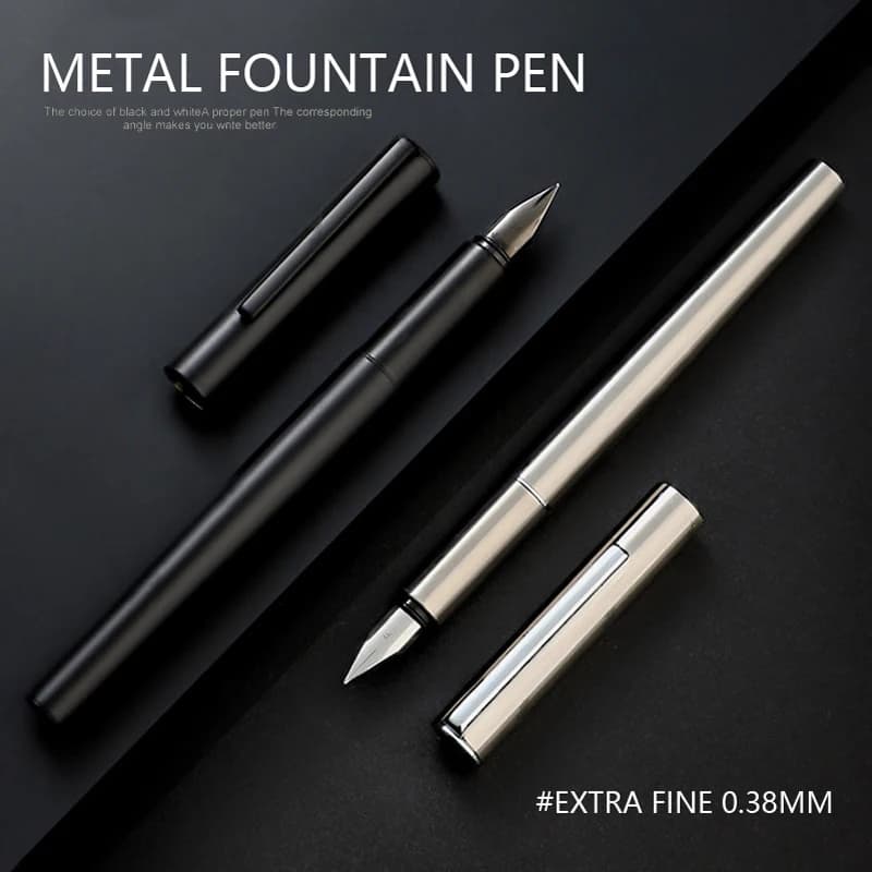 High-Quality 0.38mm Extra-Fine Nib Fountain Pen Stainless Steel, Jet-Black Metal, for Business, Office, Writing, and Calligraphy