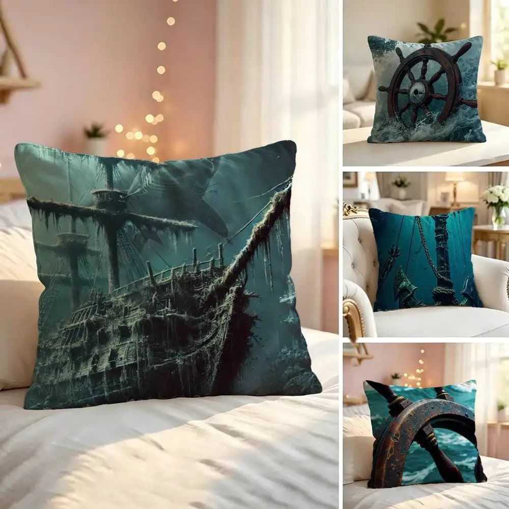 Anchor Boat Ship Wheel Square Double-Sided printed Pillow Case Bedroom Bedside Pillow Sofa Cushion Cover