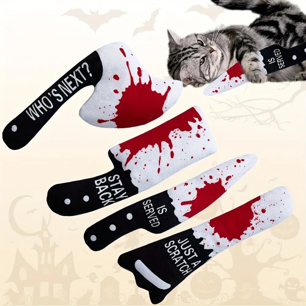 4PCS Pet Halloween Peluche Gatto Giocattoli Coltello Sangue Horror Giocattolo Coltello con Carta Piega Gatto Masticare Giocattolo Interattivo Prodotti Per Animali Domestici Regalo
