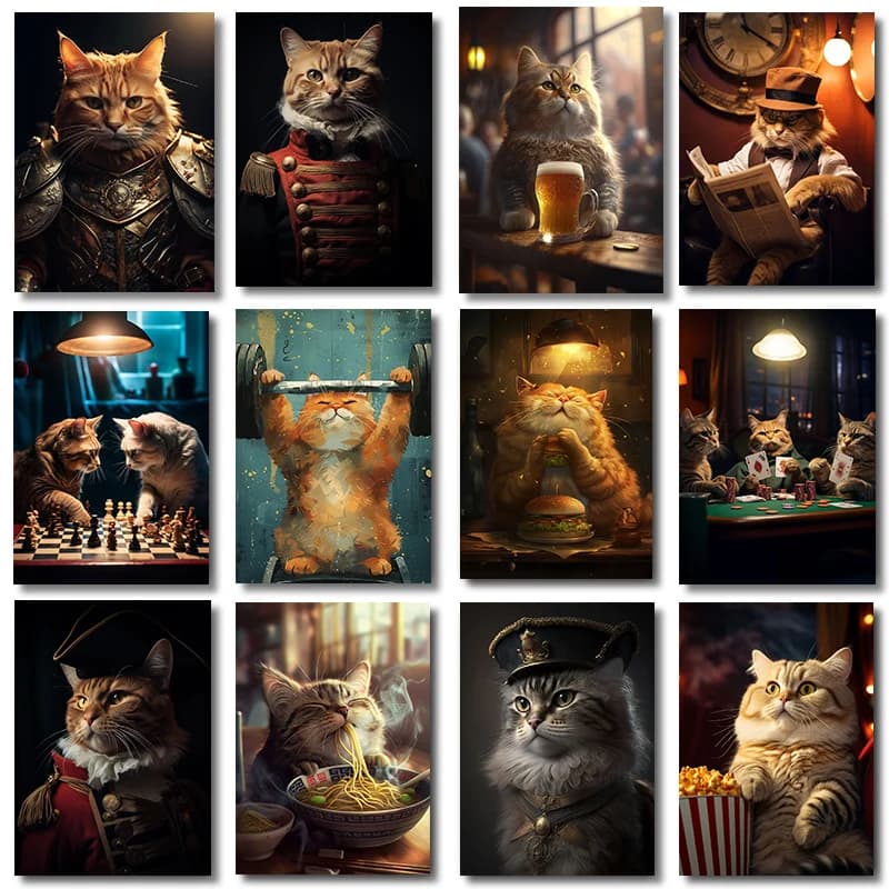 Divertente Orange Cat Drink Beer Reading Play scacchi Play Card Poster gatti mangia Ramen Canvas Painting cucina Room Home Decor Gift