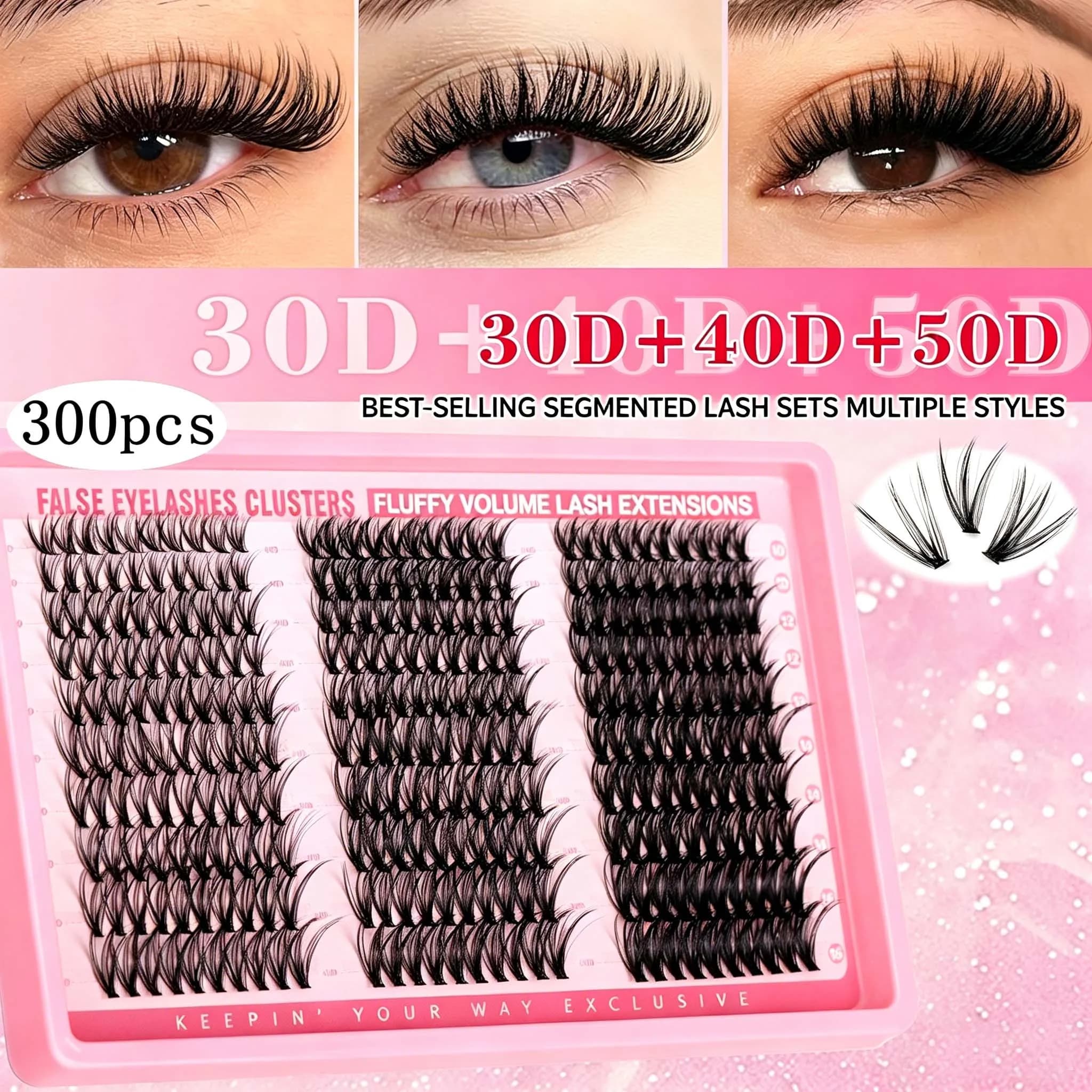 New Extension Kit Eyelashes 300 30D/40D/50D Cluster, 5D Synthetic Visible Eyelashes Voluminous and Mass, Mixed Tray for Extension Eyelashes and Makeup