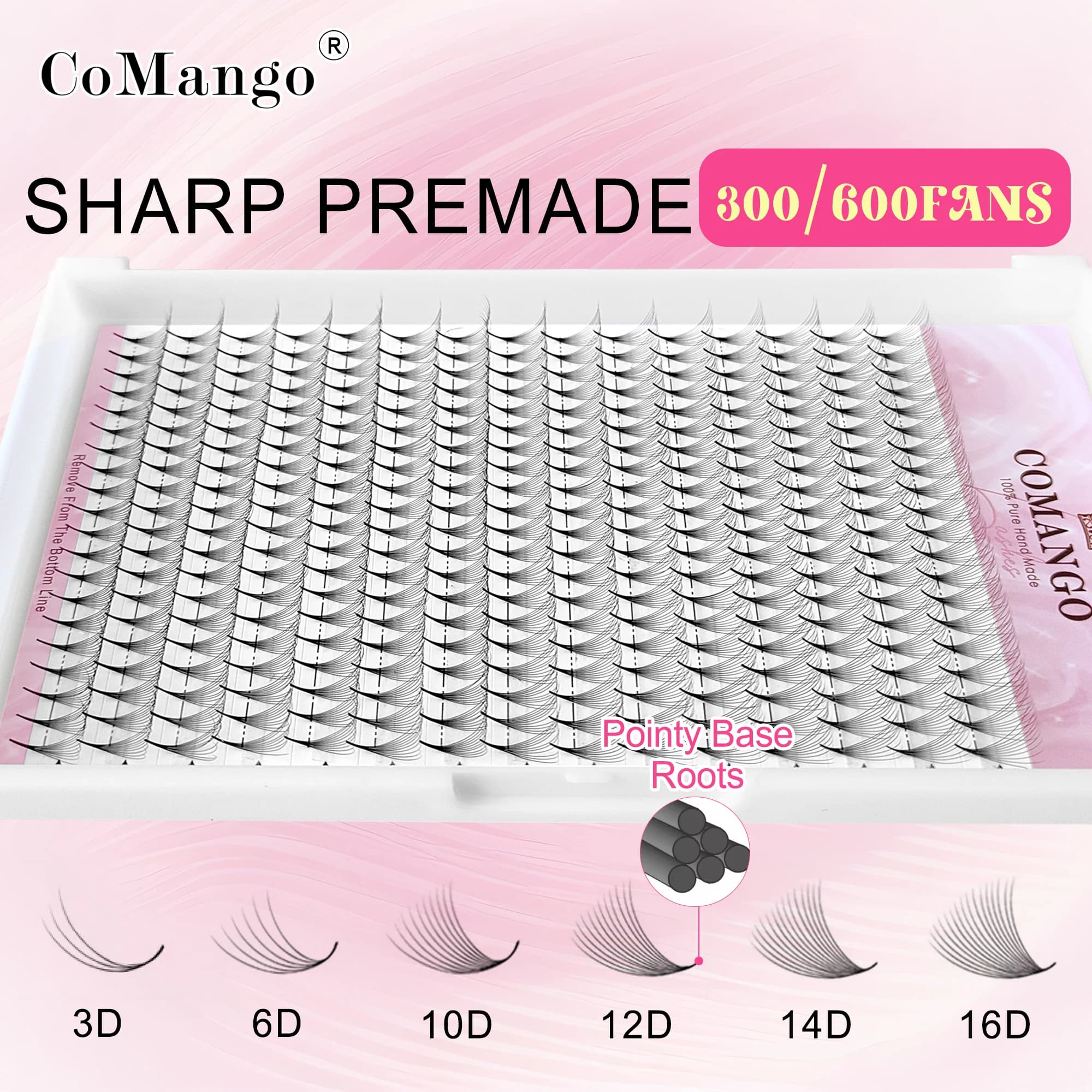 CoMango 300 Base a punta Volume sottile Ciglia finte Ventole prefabbricate Affilate stelo stretto e sottile Pronto per l'estensione delle ciglia di seta