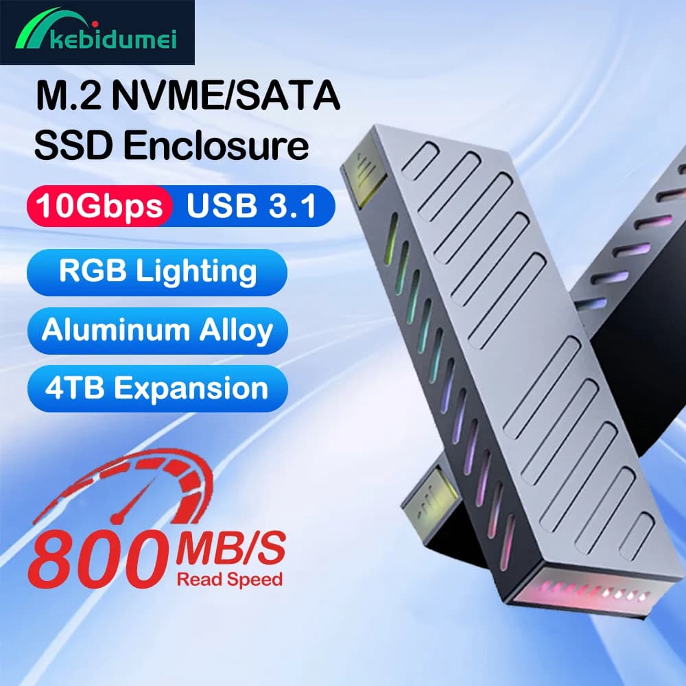 Kebidumei M.2 NVME SATA SSD Custodia in lega di alluminio 10Gbps USB 3.1 NVME M2 Scatola per disco rigido esterno RGB Strumento di luce colorata gratuito