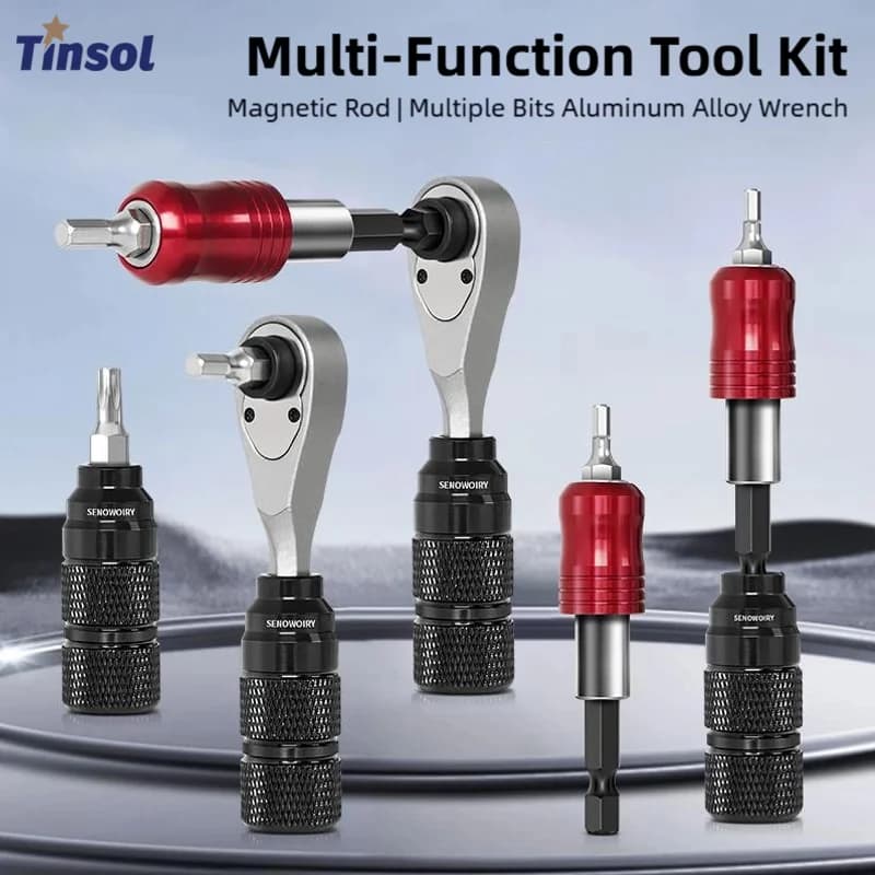 TINSOL Bicycle Repair Kit, Ratchet Socket Wrench, Tire Prying Rod, Air Pump Mountain Bike Multi-Functional Repair Set Adjustable