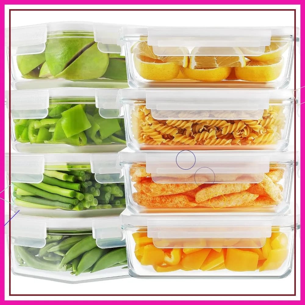 Set di 8 Contenitori in Vetro per Alimenti con Coperchi, Ermetici e Anti-Perdita, Senza BPA, 30oz per Preparazione Pasti