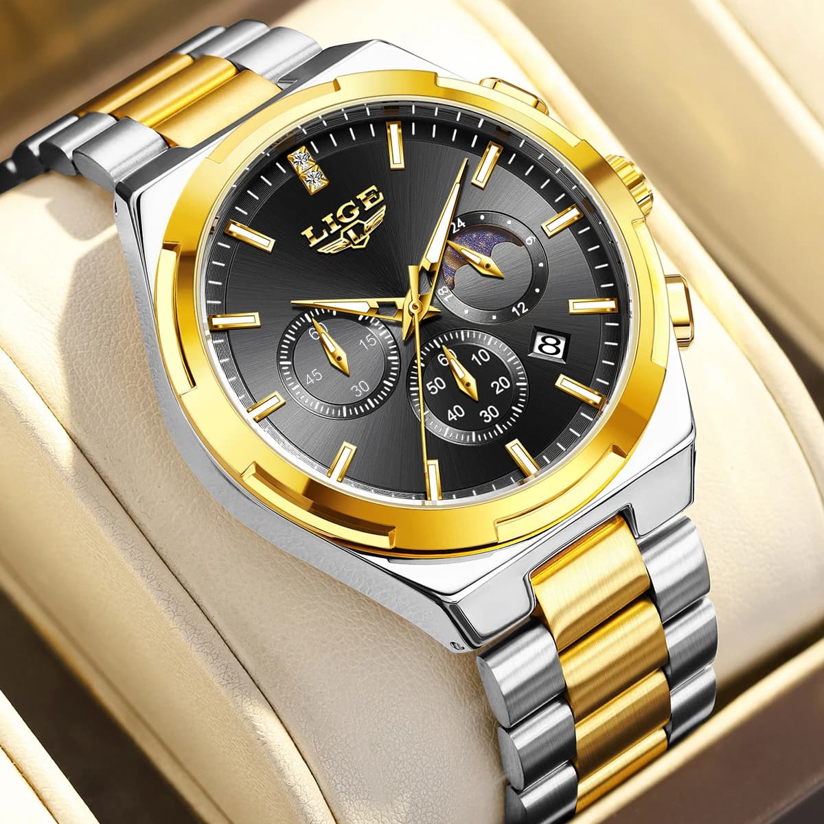 LIGE Classic stainless steel businessman watch, fashion, luxury, waterproof, bright, moon phases, date, men's casual quartz watches