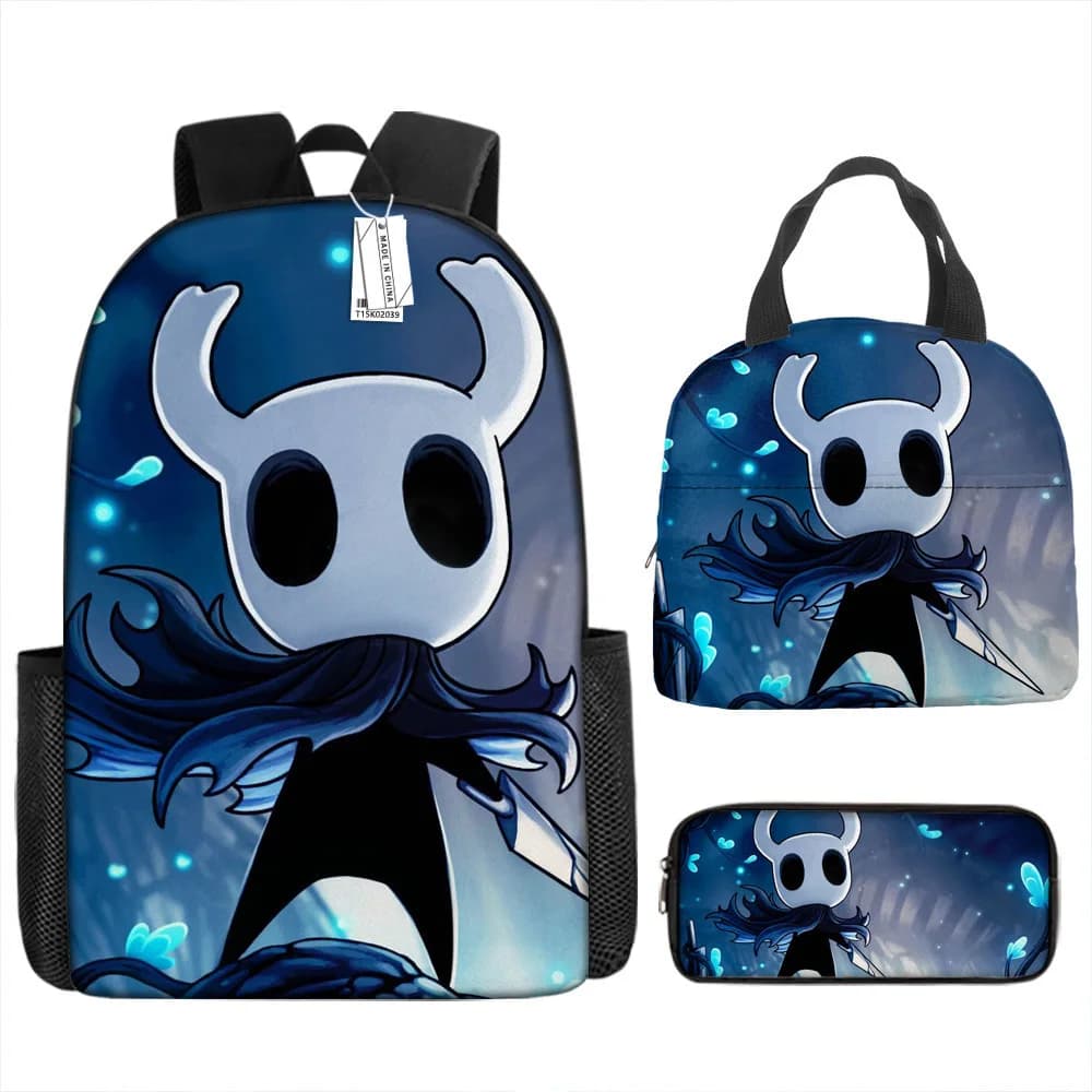 Zaino scolastico 3D Hollow Knight alla moda, divertente e innovativo, set da 3 pezzi: zaino per laptop, borsa per il pranzo e astuccio