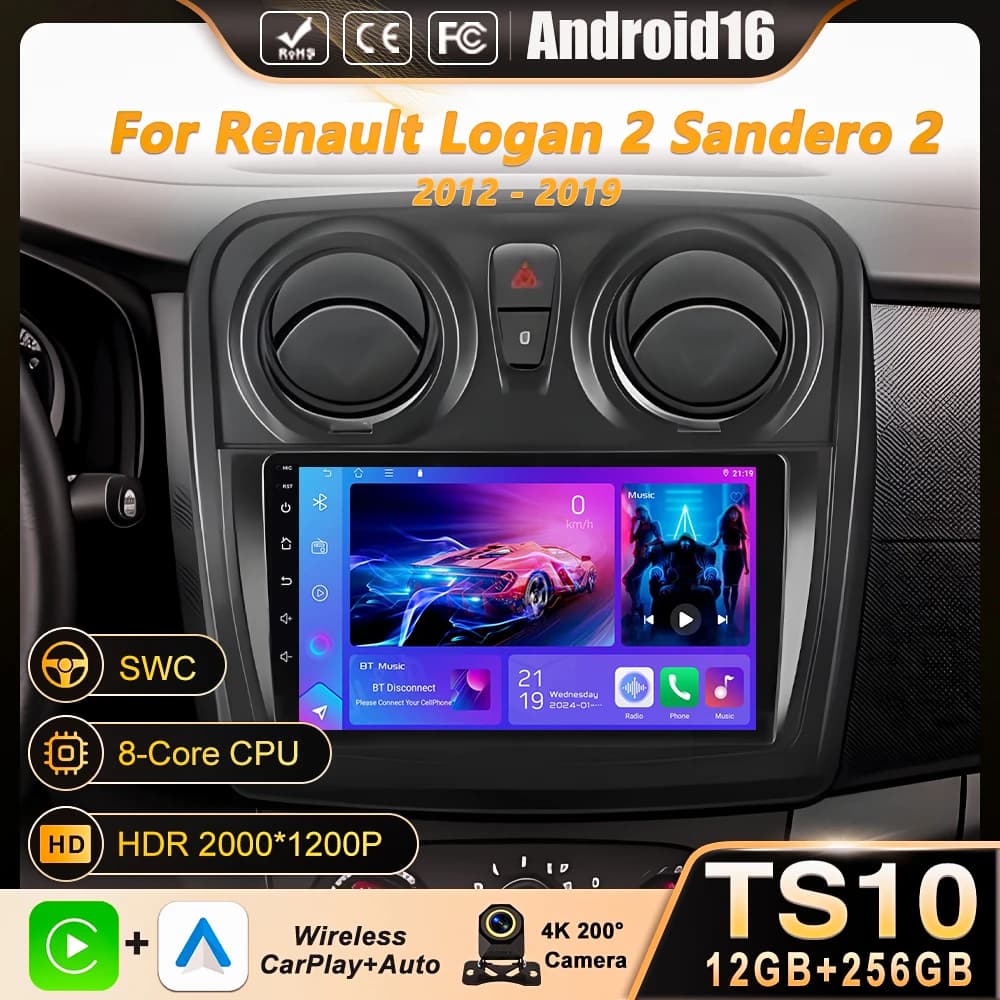 Android 16 Carplay Auto For Renault Logan 2 Sandero 2 2012 - 2016 2017 2018 2019 Car Radio Multimedia Player Stereo GPS WIFI DPS
