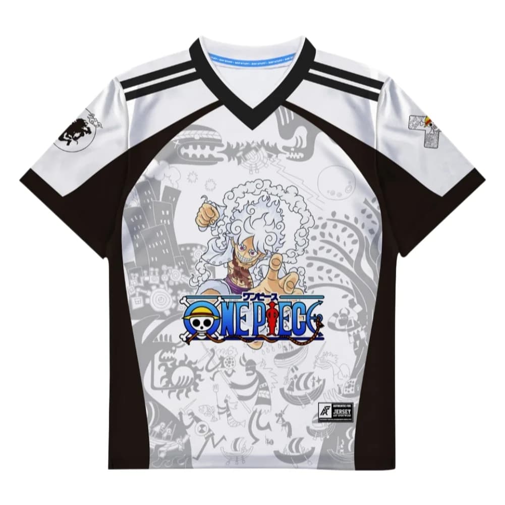 Maglietta sportiva con scollo a V per adulti e bambini, stampa integrale anime di Luffy Gear 5 Nika Sun God di Bandai, estiva, ad asciugatura rapida, morbida e leggera
