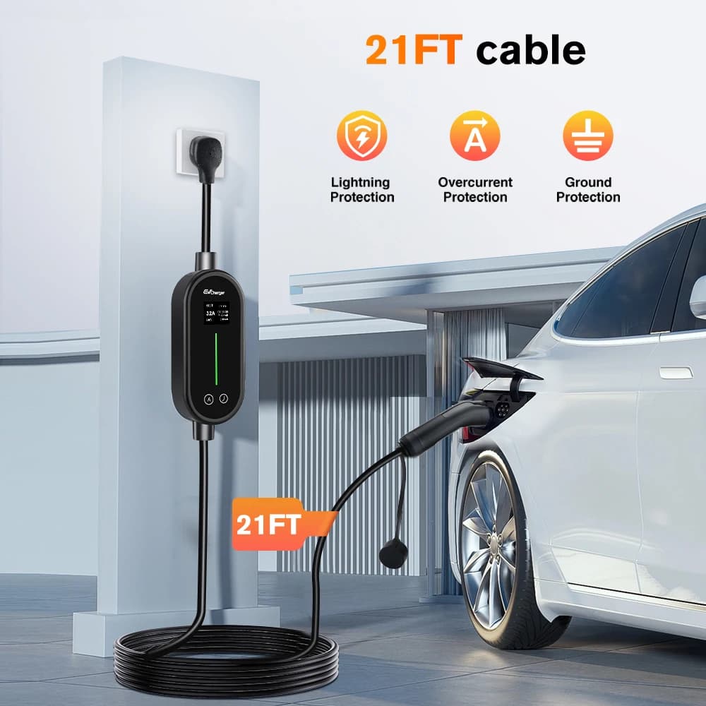 Junsun EV Charger Portable Level 1/2, 20FT Cable Electric Vehicle Charging Cable with NEMA 14-50P & 5-15P Plug, NACS Connector Compatible with Tesla Model X/Y/3/S, Adjustable Current Smart Car Charger for Home and Travel Use