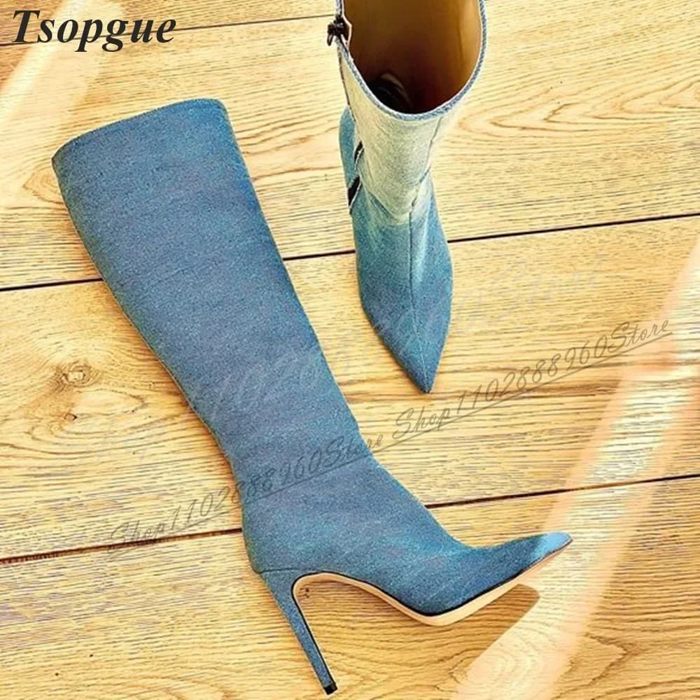 Stivali al ginocchio in denim azzurro slim con tacco a spillo per donna, con cerniera laterale e punta affusolata, alla moda
