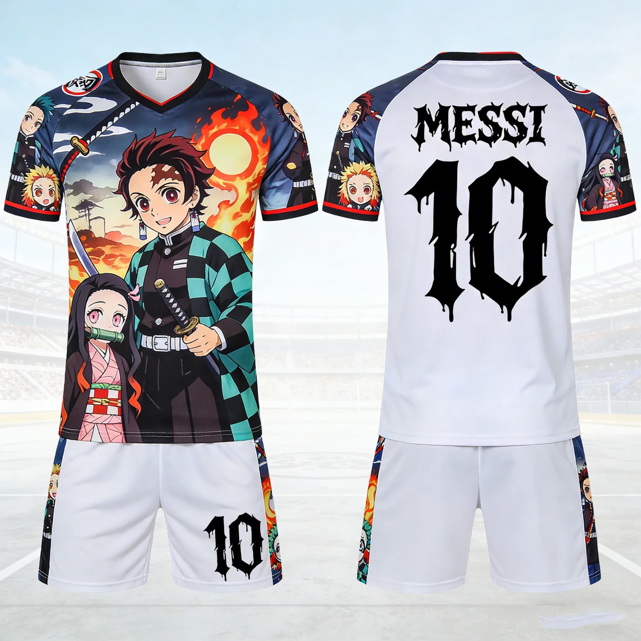 Felpe Anime Demon Slayer, Felpe da Calcio MESSI per Esterni, T-shirt e Pantaloncini da Uomo ad Asciugatura Rapida, Set per Bambini.