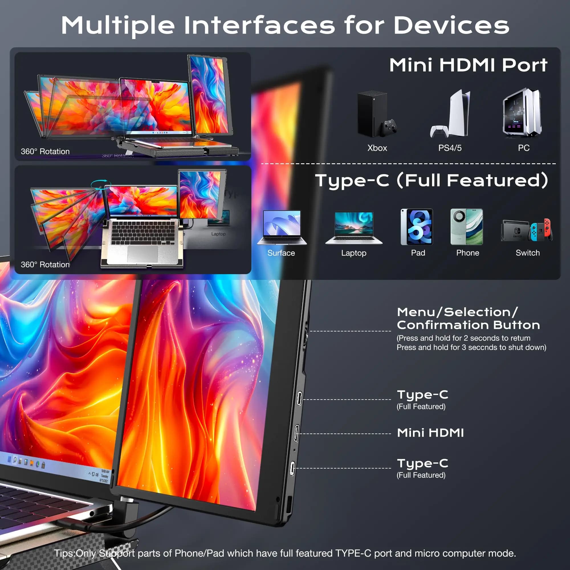 Kwumsy Multifunzione 360 ° Supporto per laptop con rotazione Display TFT Dual Tri 1920x1080 Estensione portatile per laptop da 13-17,3"