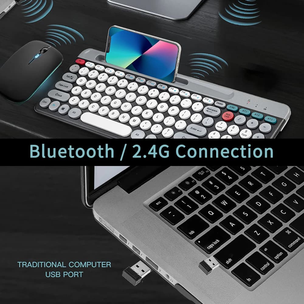 Combo tastiera e mouse dual mode compatibile con Bluetooth da 2,4 GHz con supporto per telefono ergonomico ricaricabile per /iOS/Android/Win7