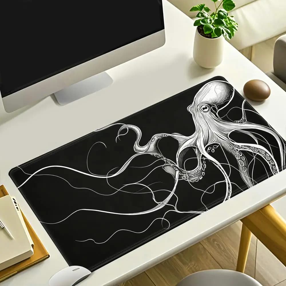 Tappetino per Mouse HYBXAXC a Forma di Polpo, Tappetino da Scrivania Bianco e Nero, Tappetino Minimalista per Casa, Ufficio o Setup Gaming