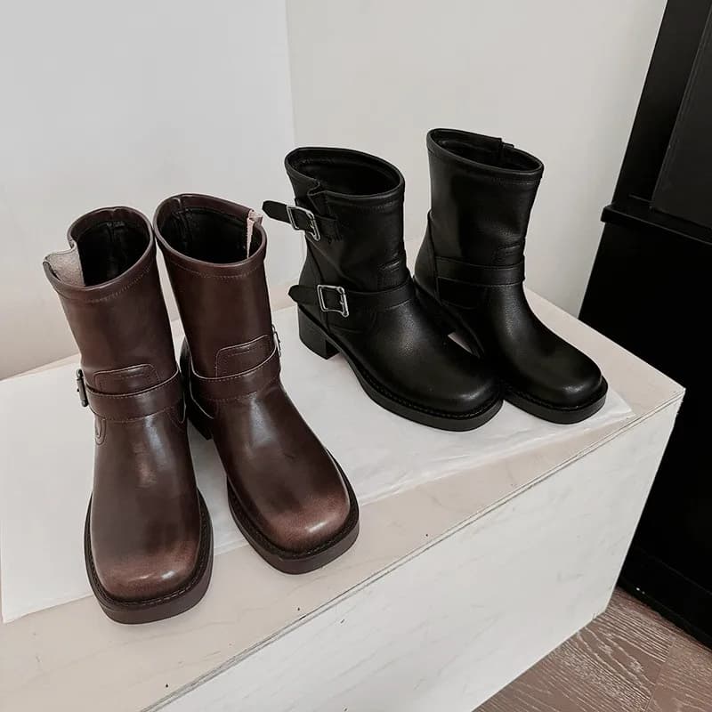 MKKHOU Fashion Short Boots Women's New High Quality Genuine Leather Boots Round Head Double Belt Buckle Thick High Heels Boots