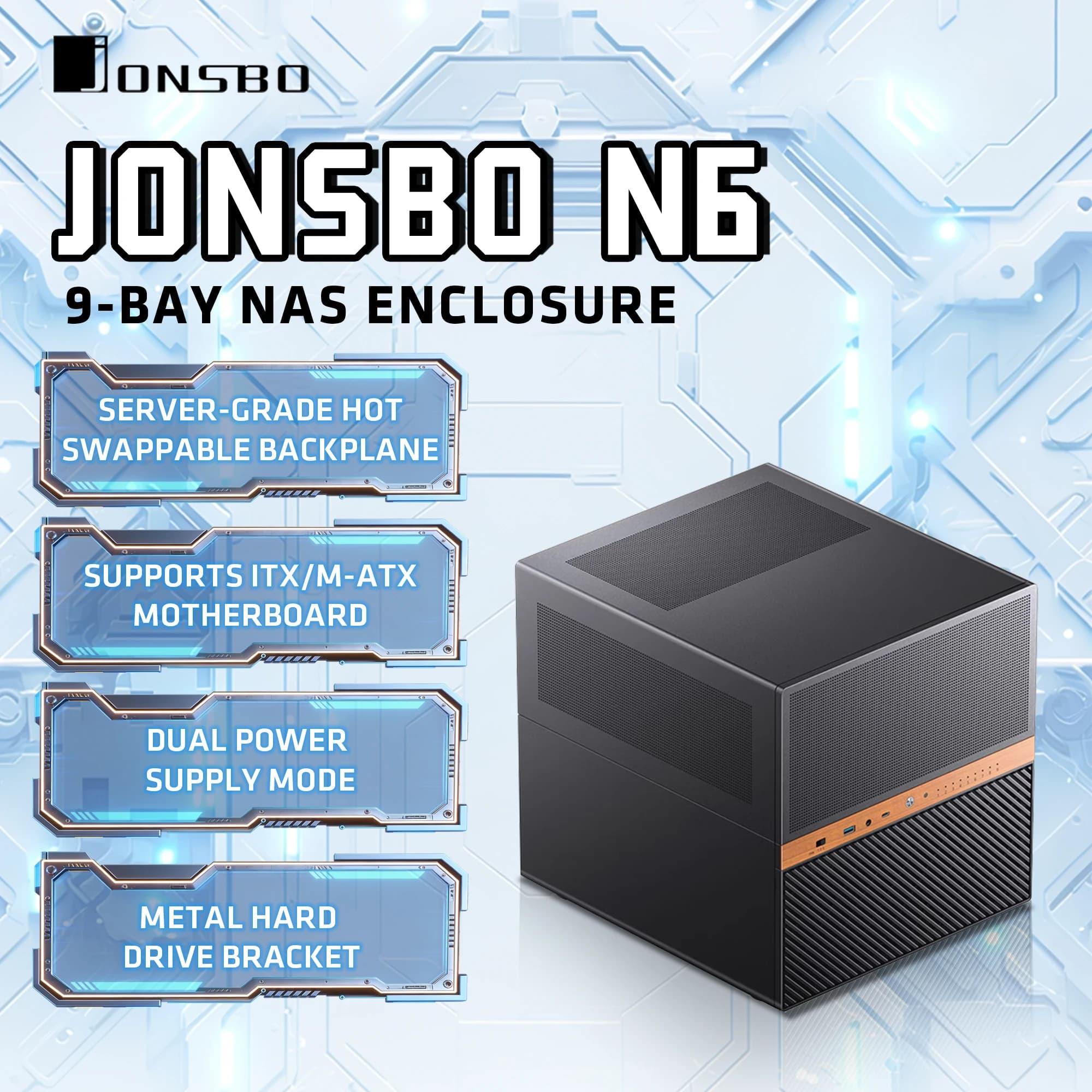 Case NAS JONSBO N6 con 9 Alloggiamenti Hot-Swappable, Supporta Schede Madri M-ATX e Raffreddamento a Liquido da 240mm, Adatto per Archiviazione Dati Domestica