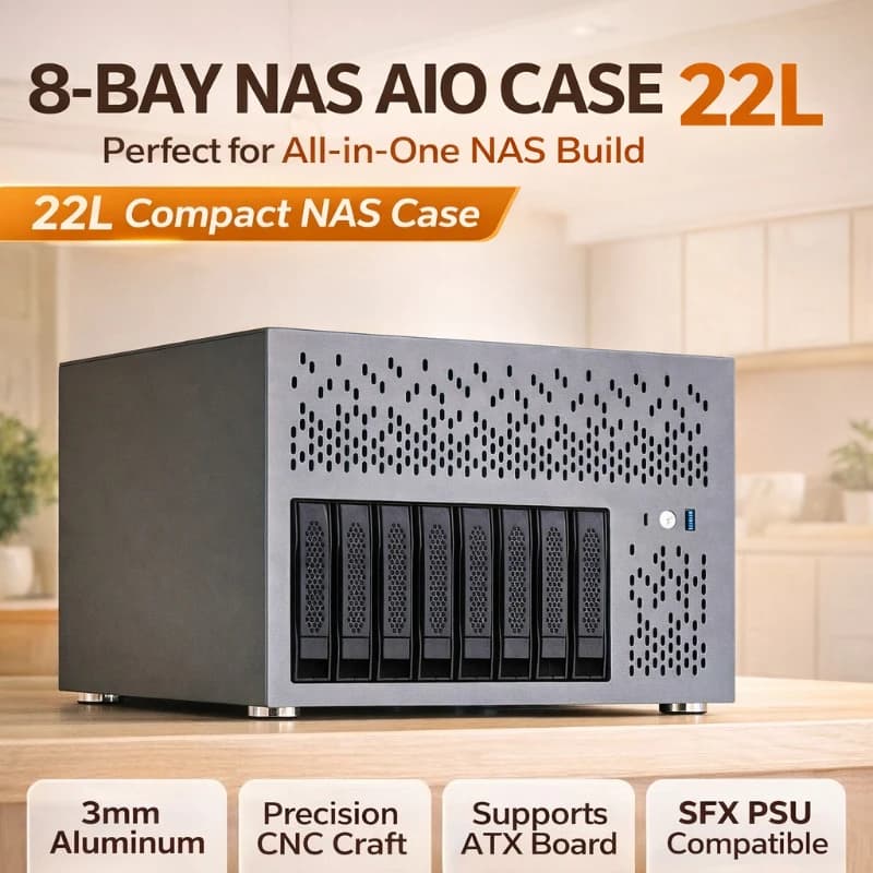 Case NAS a 8 Bay 22L, Chassis Server ATX con Backplane 8643, Supporto HDD/SSD SATA/SAS, Alluminio CNC, Alimentatore SFX