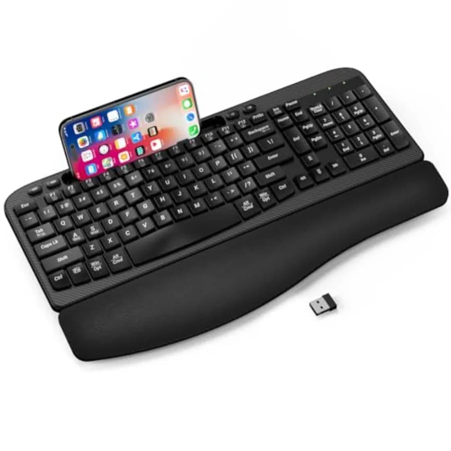 Ergonomic Wireless Keyboard with Cushioned Wrist Rest, Wave Keys, Phone Holder, Comfortable Natural Typing, 2.4GHz Full Size Co