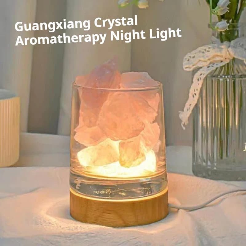 Diffusore di Cristallo Naturale con Luce Notturna, Lampada Aromaterapica con Base in Legno, Luce Ambientale da Comodino per il Sonno
