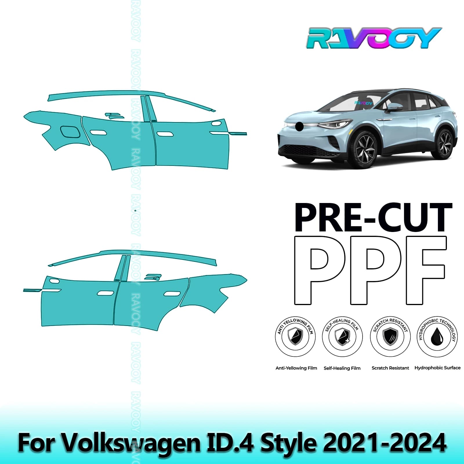 For Volkswagen ID.4 Style 2021-2024 8.5mil Transparent Pre-Cut PPF Door and Pillar A/B Kit TPU Paint Protection Film Set