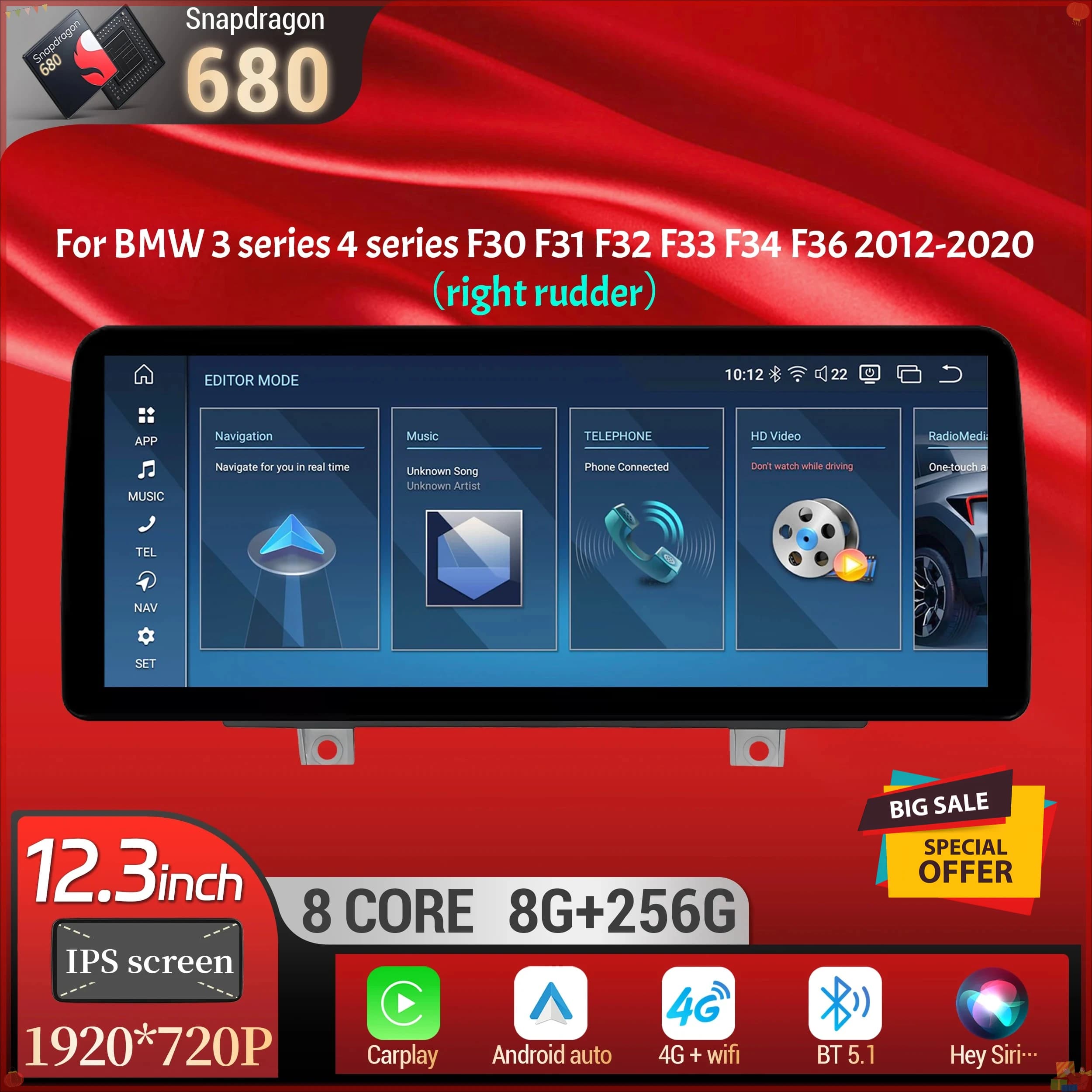 12.3 inch RHD Android 14 Car Radio BT Carplay Snapdragon 680 Screen For BMW 3 series 4 series F30 F31 F32 F33 F34 F36 2012-2020