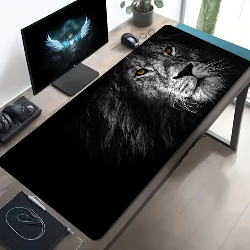 Tappetino per mouse da gioco grande Lion Face Black, in gomma antiscivolo, per computer e ufficio