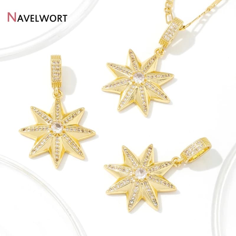 18K Gold Plated Inlaid Zircon Octagonal Star Pendant,Pendant Fot Making Jewelry, For DIY Necklace Making Accessories