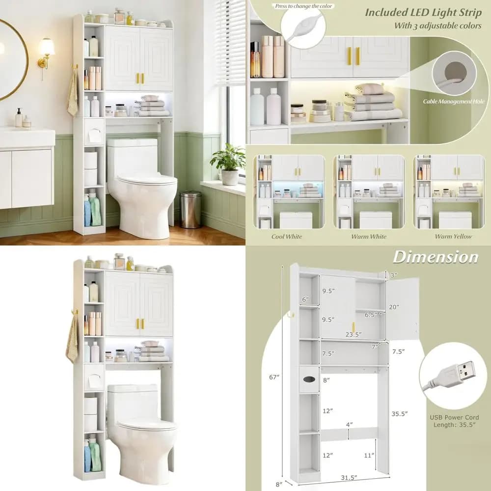 Mobiletto Sopra WC Illuminato a LED, Larghezza 31,5 Pollici, con Portarotolo, Ganci e Ripiani Regolabili