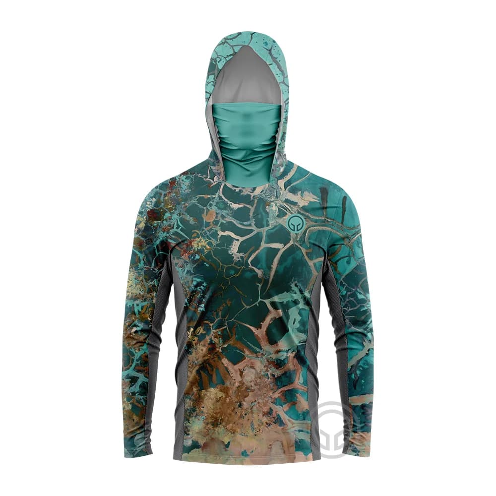 UPF50+ Sun-Protective Men Fishing Hoodie Colorful Splash Jungle Camouflage Print Face Gaiter Quick Dry Lightweight Fishing Tee