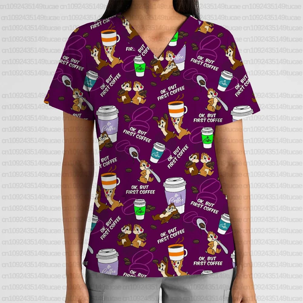 Nuovi vestiti da infermiera da lavoro per pendolari da donna stampati Disney Cartoon con scollo a V tasca smerigliata Top T-shirt uniforme da lavoro per infermiera
