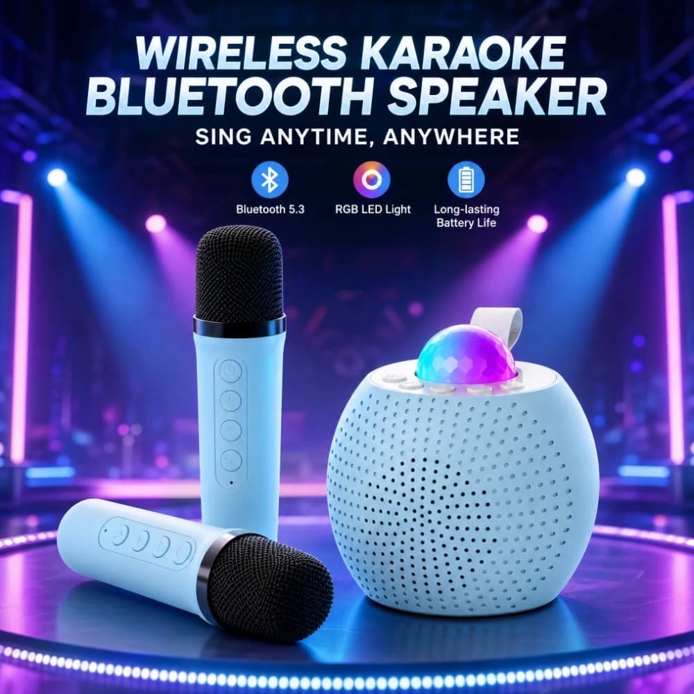 Portable Bluetooth Karaoke Speaker with 2 Wireless Microphones, LED Starry Disco Party Light, Home KTV Audio Machine for Singing