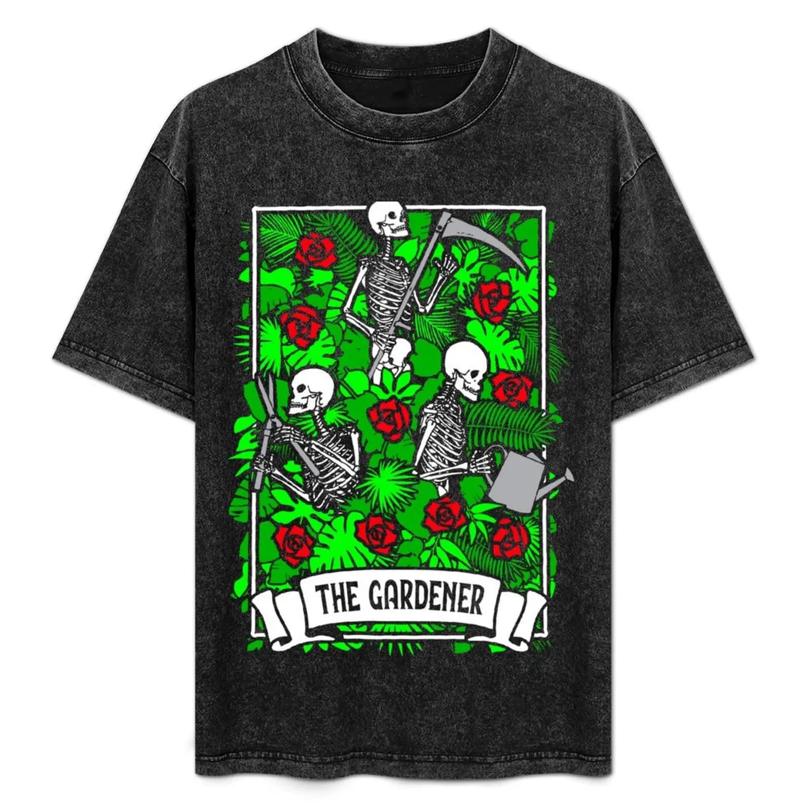 T-shirt The Gardener Tarot Card Rose Gardening Plant Lover Skeleton, maglietta casual in tinta unita