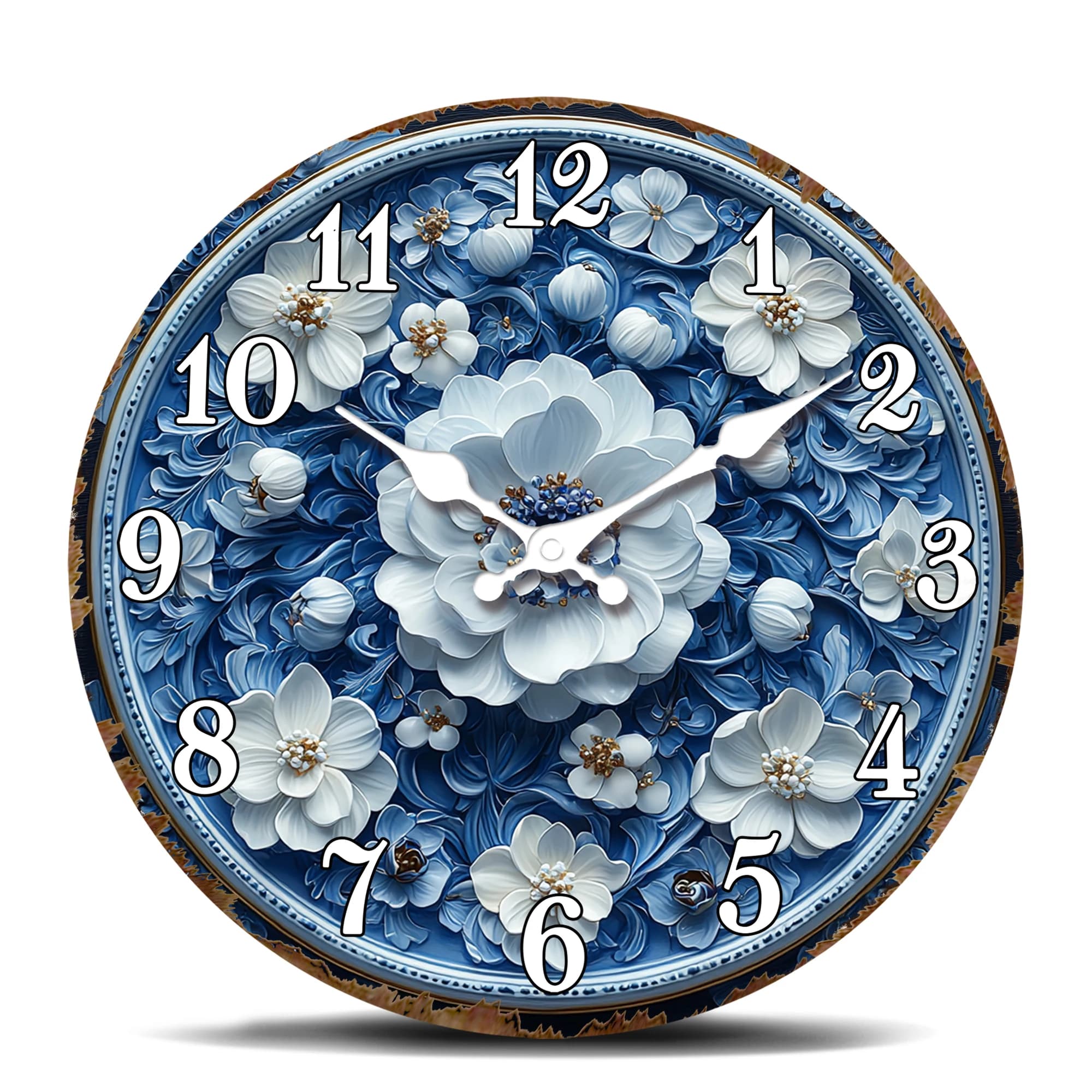 Blue Wall Clock with Relief Floral Patterns, Elegant Silent Quartz Watch, Home Decoration with Ornate Floral Design, Battery Operation