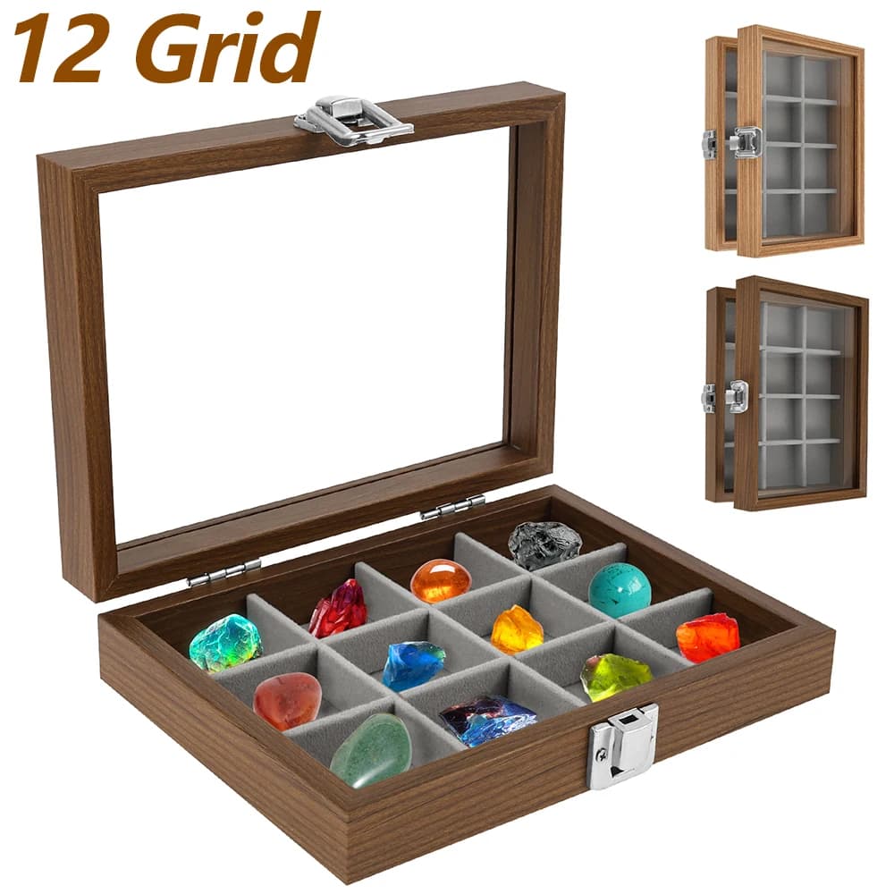 12 Grid Storage Box Wooden Rock Collection Display Box with Velvet Lining Multipurpose Jewelry Organizer for Gemstone Crystal