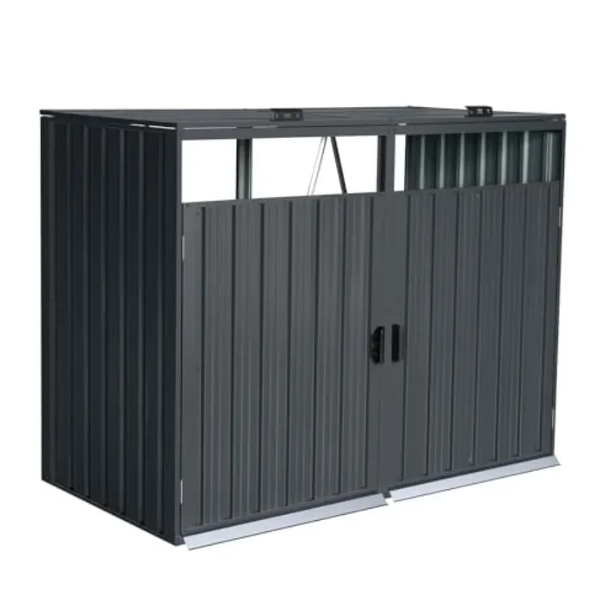 Outdoor garbage bin storage shed for 2 trash cans: galvanized steel, gray, weatherproof and lockable doors