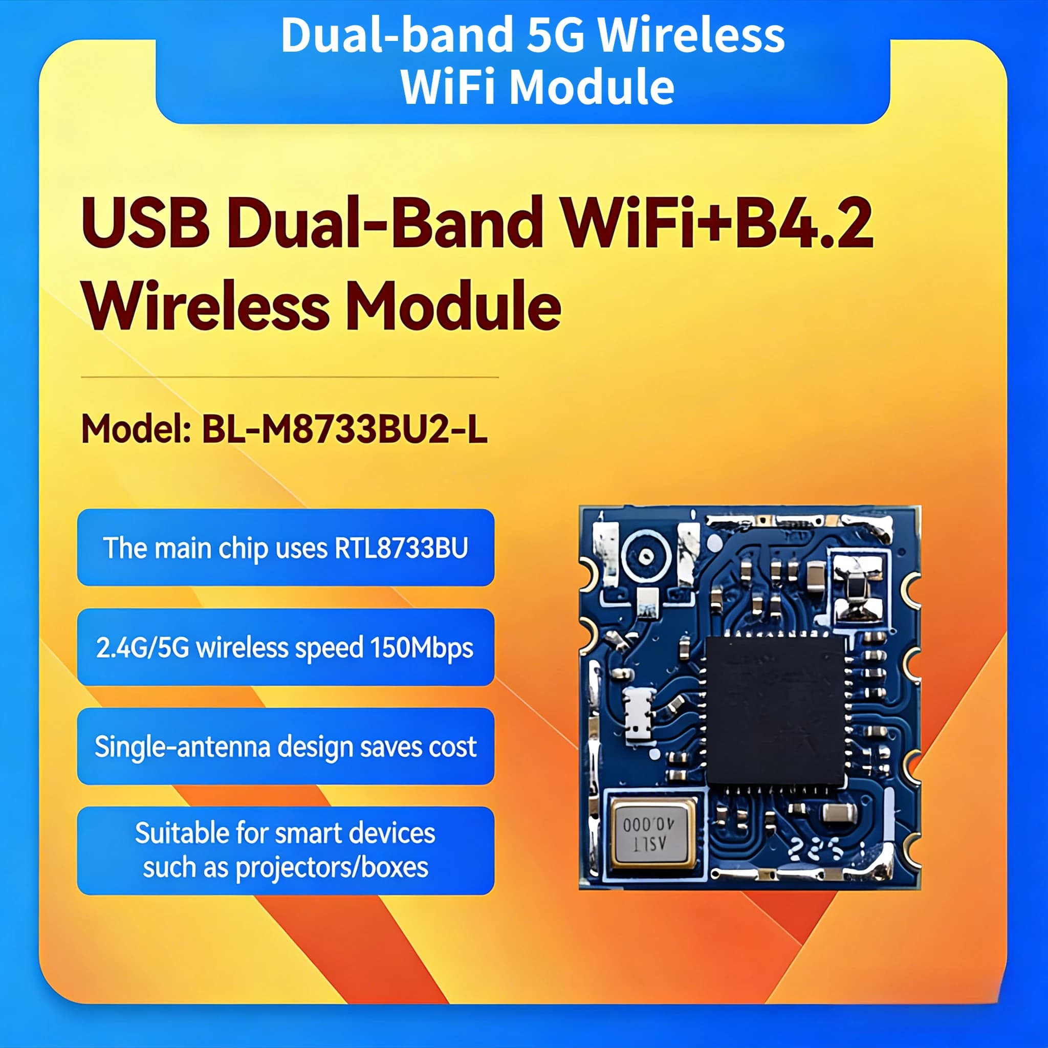 Wireless Dual-Band 5G Realtek M8733BU2-L Module, Bluetooth High Speed WiFi Transmission for Projectors, IP Cameras, Dash Cam