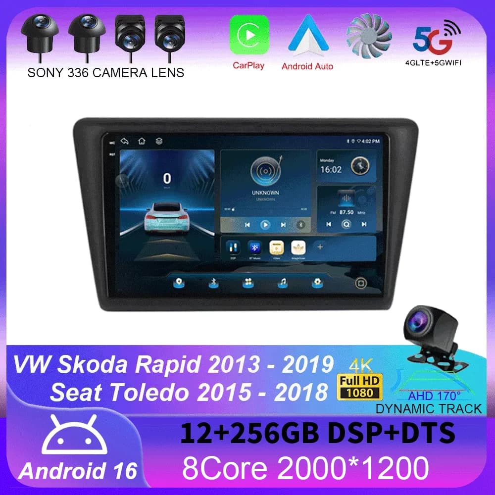 Autoradio Android 16 con Carplay per VW Skoda Rapid 2013-2019 e Seat Toledo 2015-2018, GPS e Sistema Multimediale Stereo
