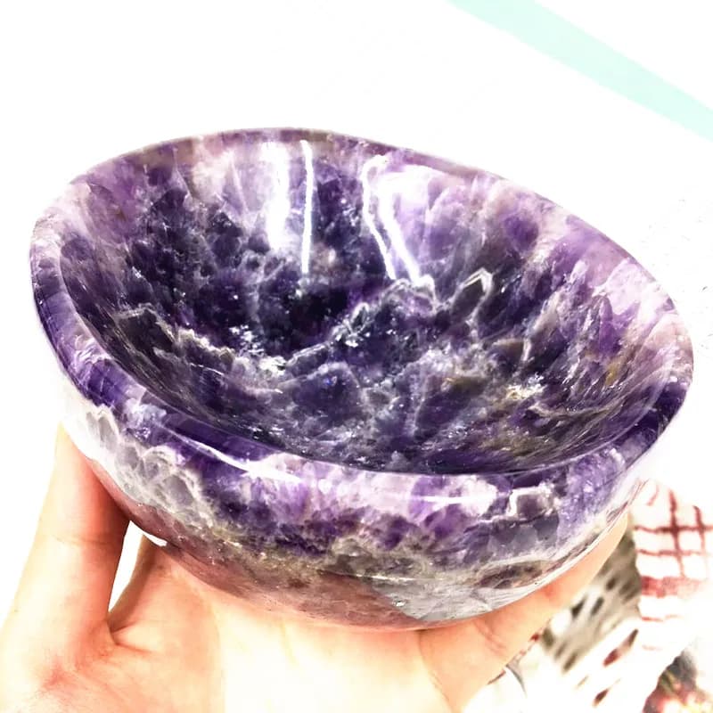Crystal Crafts Natural Carved Purple Dream Amethyst Bowl Chevron Quartz Bowl Crystal Quartz Singing Bowl for Decoration